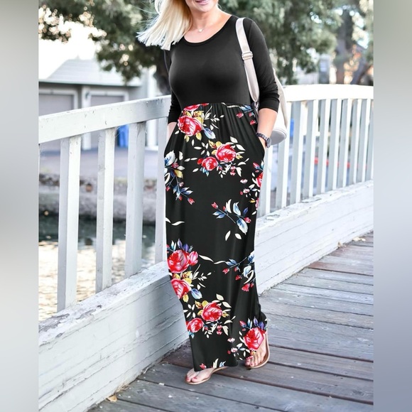 Karalin Women's 3/4 Sleeve Casual Loose Long Maxi Dresses with Pocket - Picture 2 of 7